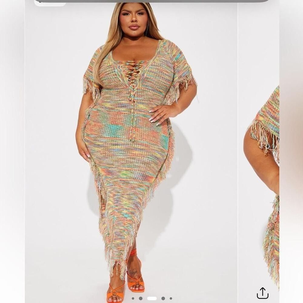 FASHIONNOVA PLUS SIZE 3X Tatiana Knit Maxi Fringe Womens Dress - Multi Color